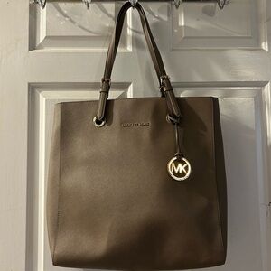 Michael Kors Taupe Saffiano Leather Tote with Gold MK Charm